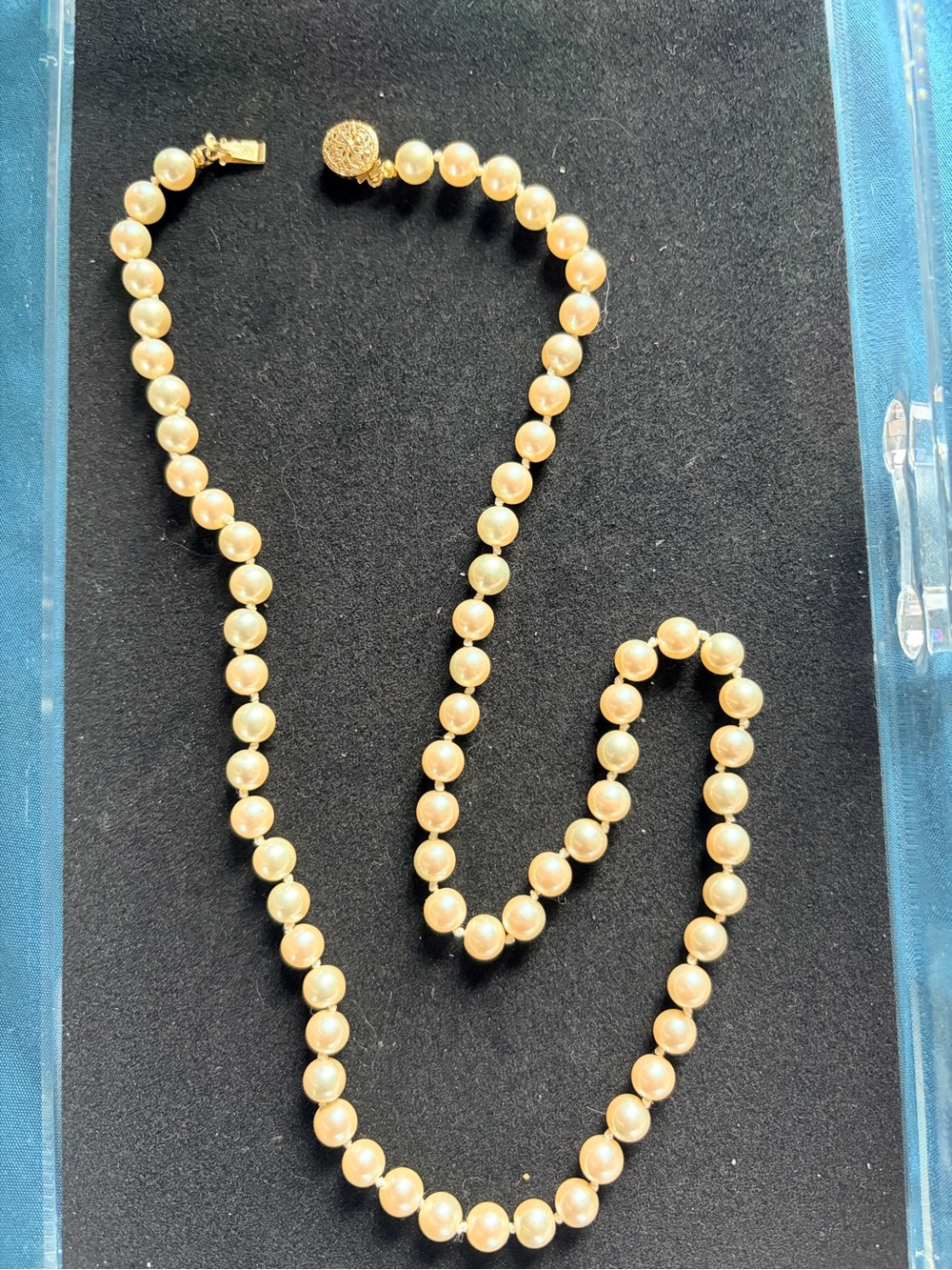 Vintage Faux Pearl Necklace Long Knotted Strand Ornate Gold Tone Clasp